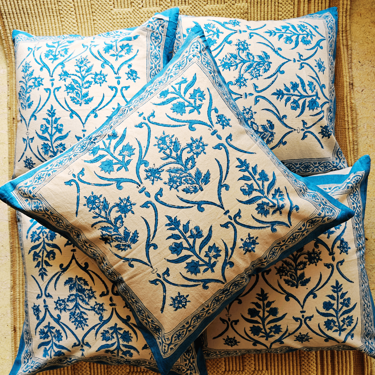 Zehra Hand Block Printed Cushion Covers, 16" x 16", Pack of 5 - Coral Slub -